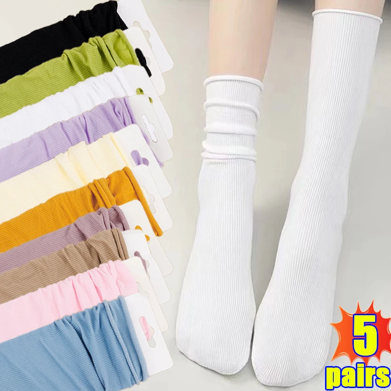 Top Trends: 5pairs Solid Colors Long Socks Women Girls Harajuku Knitting Striped Japanese Loose Socks Breathable Ice Thin Calf Tube Socks Shoppable Styles