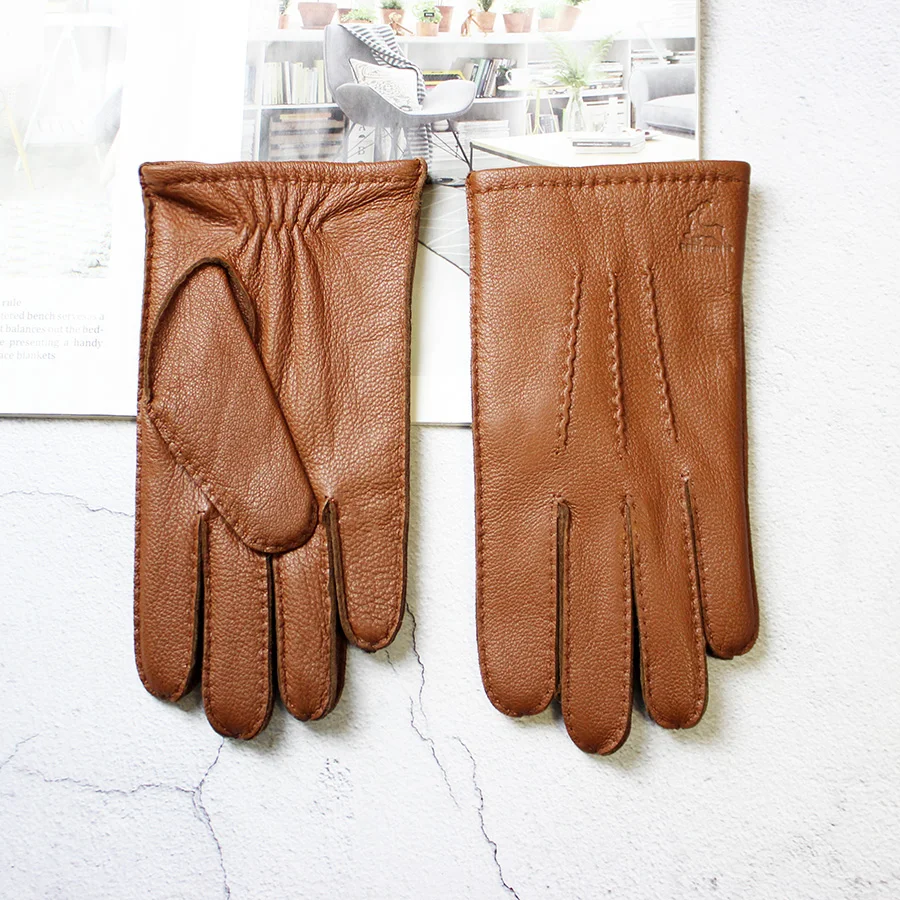 Top Trends: Leather Deerskin Gloves Men&#039;s Wool Lining Hand Sewn Fashion Stripe Style Warm Autumn And Winter Brown Touch Screen Split Fingers Shoppable Styles