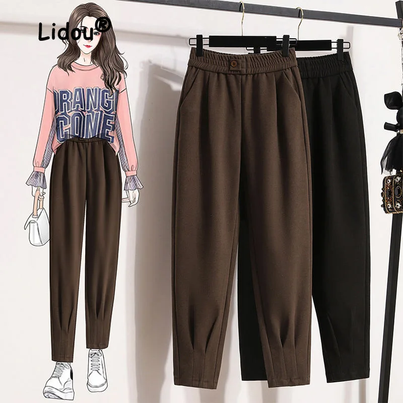 Top Trends: Classic Solid Color Pocket Harem Pants Women New High Waist Plush And Thicken Loose Button Keep Warm All-match Lady Trousers Shoppable Styles