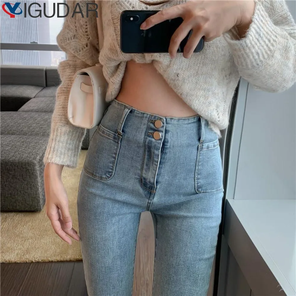 Top Trends: 2024 High Waist Jeans Women Feet Pants Spring Autumn Black Gray Korean Fashion Stretch Slim Skinny Pencil Denim Trousers Female Shoppable Styles