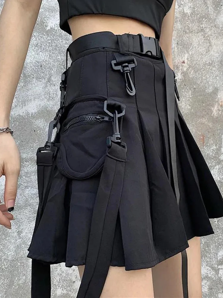 Top Trends: QWEEK Techwear Black Cargo Skirts Women Harajuku Gothic Grunge High Waist Mini Pleated Skirt Female Cyber Punk Egirl Uniform Shoppable Styles