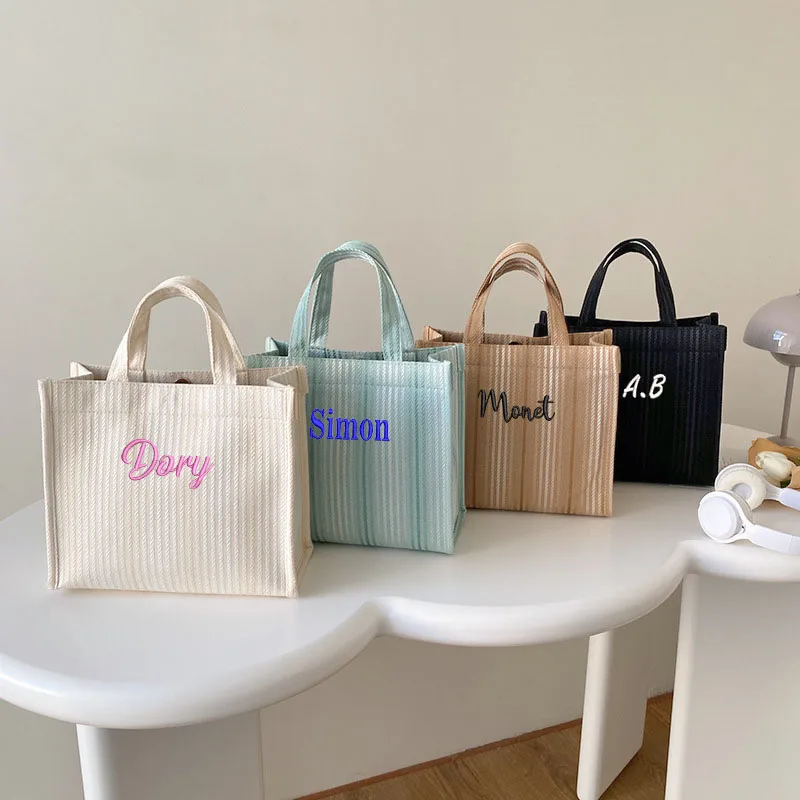 Top Trends: Custom Logo Canvas Tote Women&#039;s Bag Personalized Embroidered Stripe Large Capacity Bento Bag Shoulder Women&#039;s Bag Shoppable Styles