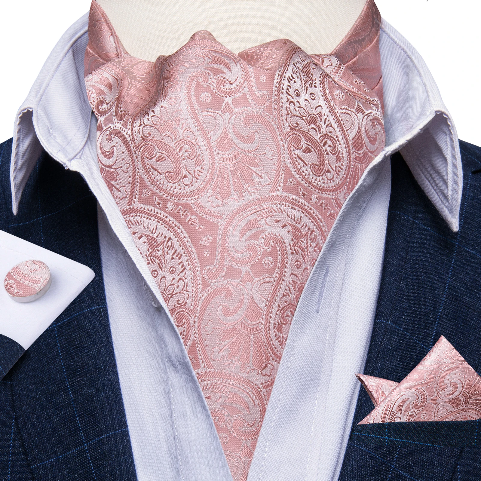 Top Trends: Men Luxury Pink Black Paisley Ascot Tie Set Wedding Party Cravat Green Ties Pocket Sqaure Cufflinks Solid Necktie Ring Sets Gift Shoppable Styles - Image 3