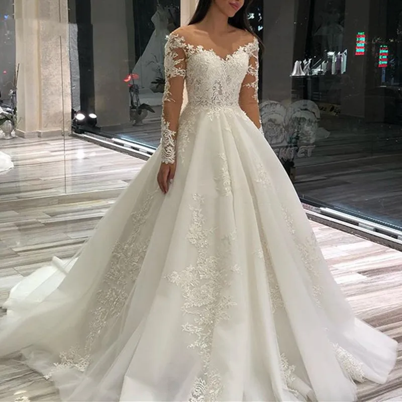 Top Trends: Fashion Lace Up Ball Gown Wedding Dress 2024 Sexy Backless Long Sleeve Wedding Gown V-Neck Lace Train Pleats Robe De Mariée Shoppable Styles