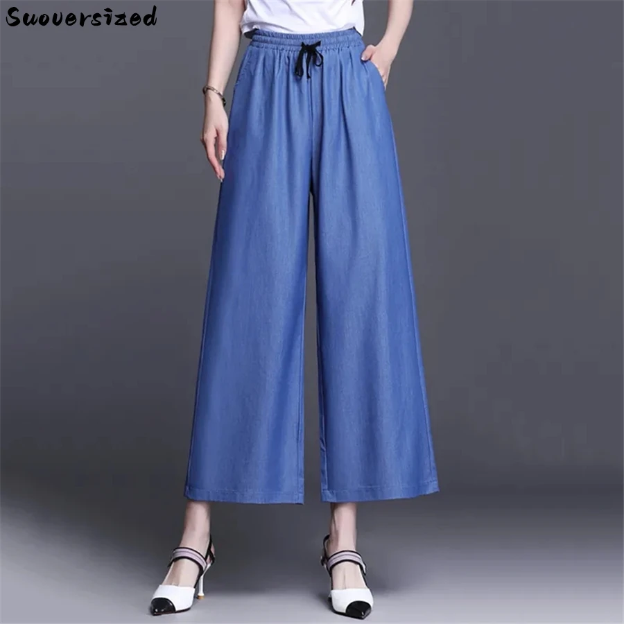 Top Trends: Blue Thin Oversize 5xl Baggy Jeans Denim Trousers Women Capris Elastic High Waist Wide Leg Pants Casual Vaqueros Korean Pantalon Shoppable Styles