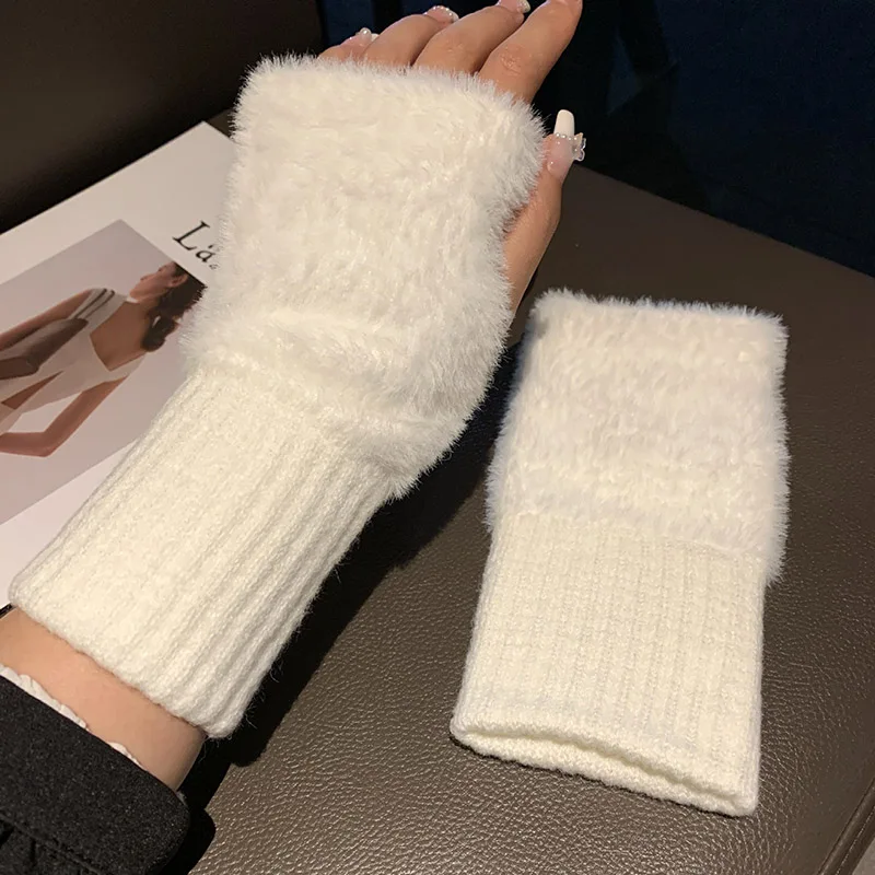 Top Trends: 2023 Winter Fashion Imitation Mink Plush Fingerless Gloves Women Soft Warm Fluffy Half Finger Mittens Cute Knitted Work Gloves Shoppable Styles