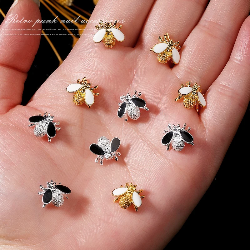 Top Trends: 10pcs Gothic Retro Style Gold Silver Bee Nail Charms Alloy Animal Nail Parts Luxury Nail Art Decoration Accessories Shoppable Styles