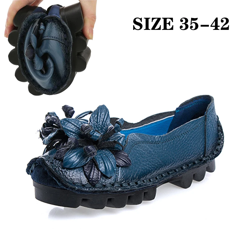 Top Trends: Vintage Real Leather Ballet Flats Shoes Women&#039;s Loafers Anti Skid Blue Moccasins Ladies Waterproof Driving Shoes Big Size 42 Shoppable Styles