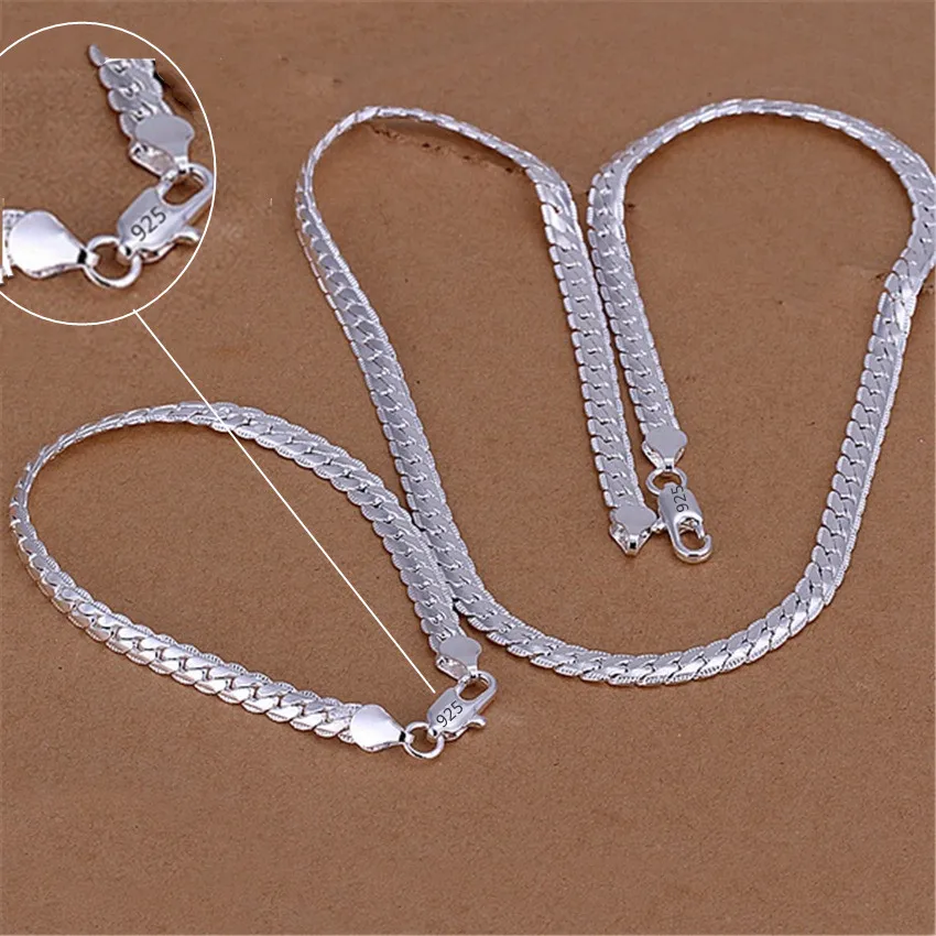 Top Trends: 925 Sterling Silver Christmas Gifts European Style 6MM Flat Chain Necklace Bracelets Fashion For Man Women Jewelry Sets S085 Shoppable Styles