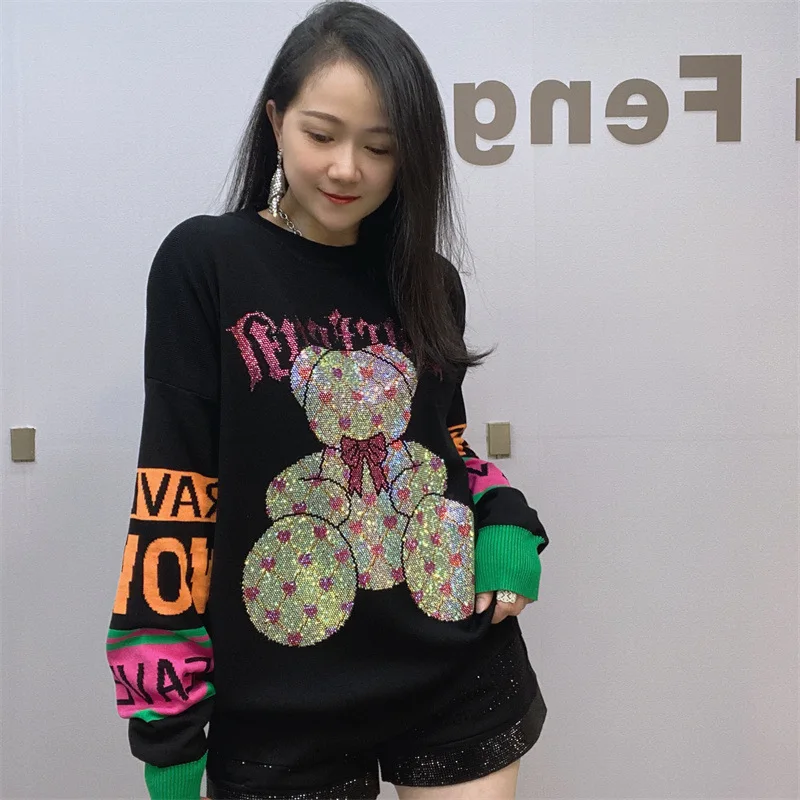 Top Trends: Fashion Cartoon Bear Rhinestone Long Sleeve Sweater Female New Round Neck Black Cotton Long Knitted Sweater Pullover For Women Shoppable Styles