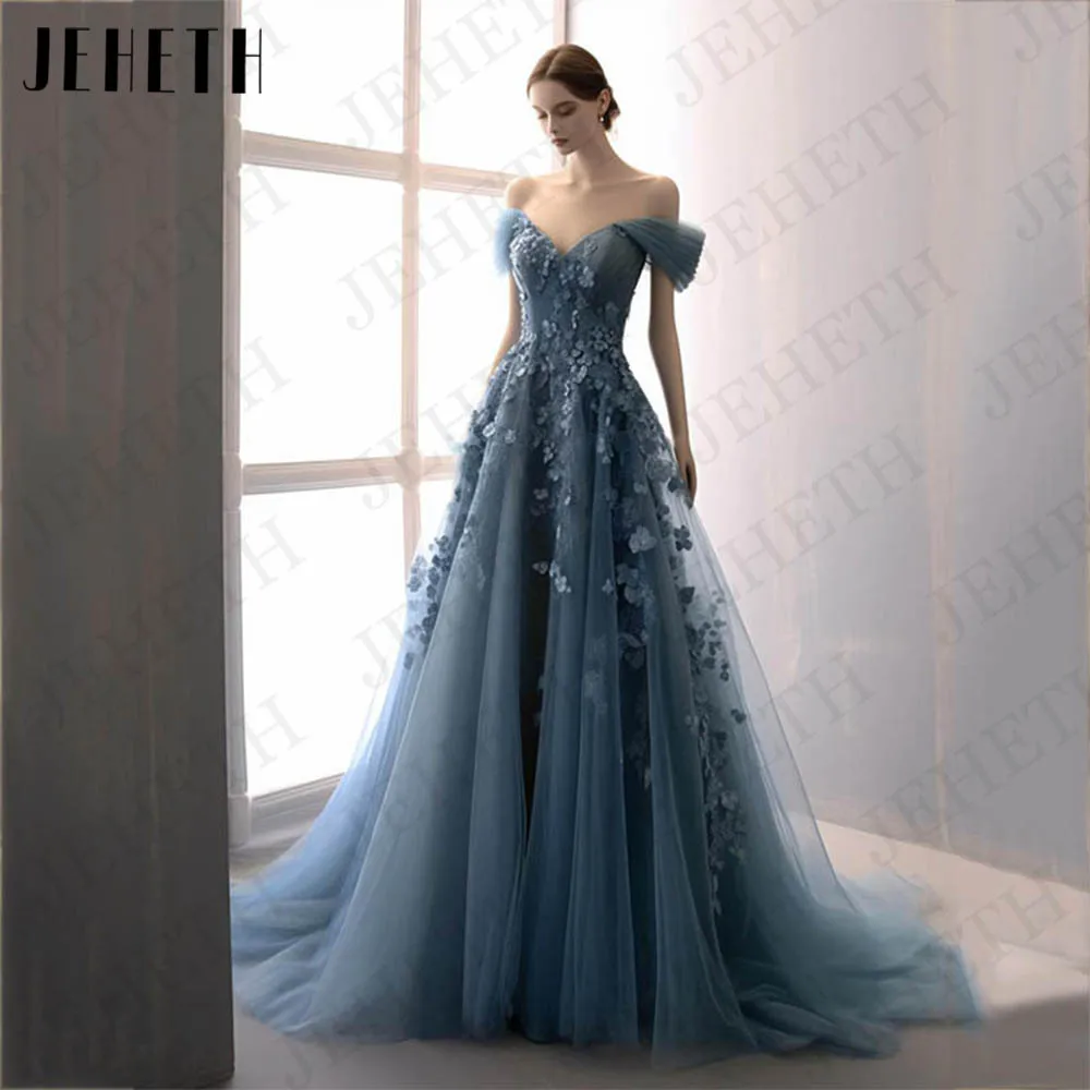 Top Trends: JEHETH A Line Off Shoulder Evening Dresses Long Korea Fairy Blue Luxury Tulle Prom Gown Lace Applique Sweetheart Neck 댄스 파티 드레스 Shoppable Styles