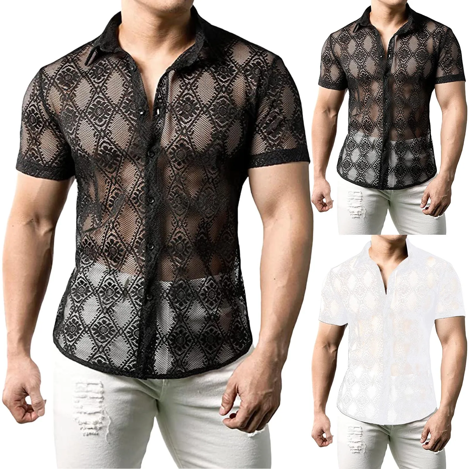 Top Trends: Men Mesh Shirt Lace Lapel Short Sleeve Flower Lace Sheer Transparent Streetwear Sexy Camisas Fashion Party Nightclub Shirts Men Shoppable Styles