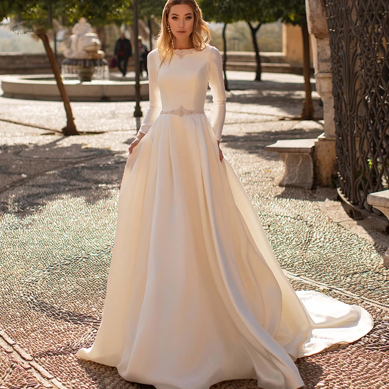 Top Trends: Elegan T Long Sleeves Wedding Dresses A Line Backles Satin Beading Bridal Gowns With Sweep Train Custom Made Covered Button Back Shoppable Styles