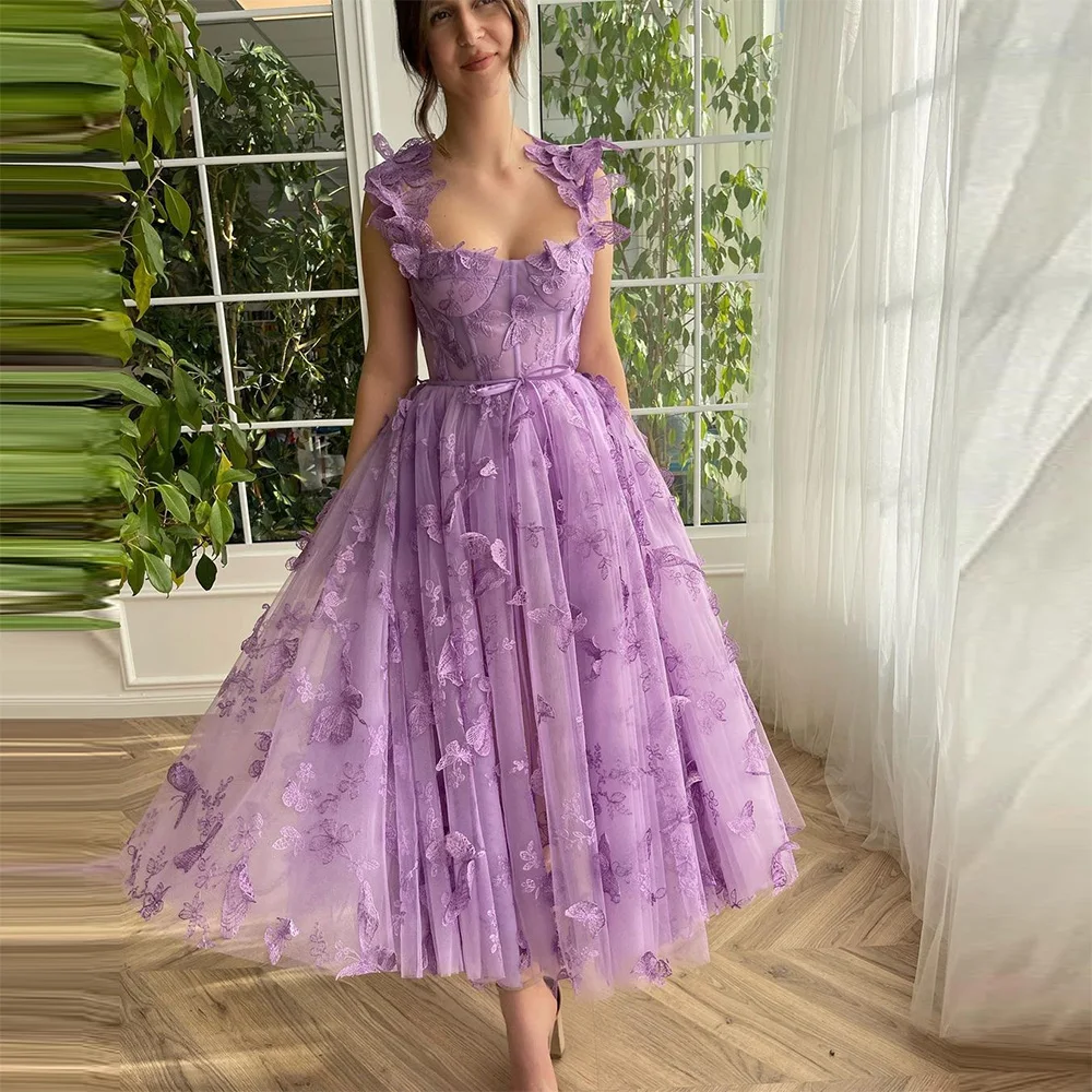 Top Trends: Sevintage Lavender Butterfly Lace Appliques Prom Dresses Sweetheart Sleeveless Tea-Length A-Line Evening Gowns Party Dress 2023 Shoppable Styles