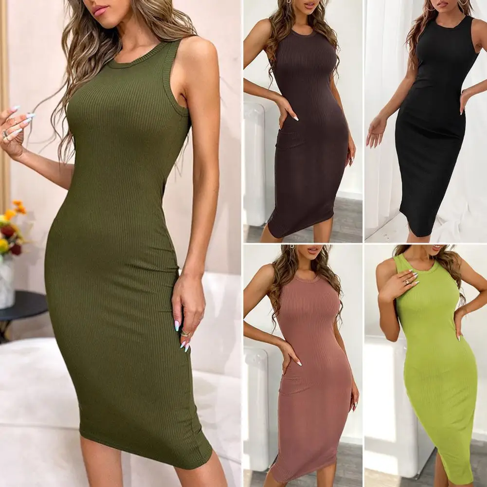 Top Trends: Lady Sundress Women Dress Solid Color Ribbed Summer Stretchy Hip Wrap Midi Dress Streetwear Shoppable Styles