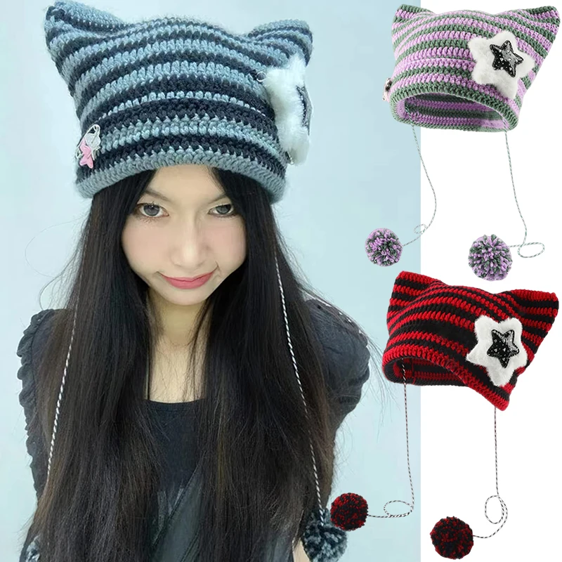 Top Trends: Y2k Korean Handmade Beanies Hat Cute Five-star Cat Ear Striped Devil Winter Warm Pullover Knitted Cap Pompom Bonnets For Women Shoppable Styles