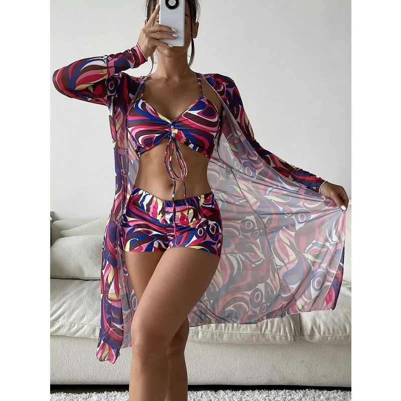 Top Trends: Women's 3 Piece Swimsuit Floral Print Drawstring Ruched Halter Bikini Set Shorts Bathing Suit Kimono Cover Up Summer Beachwear Shoppable Styles