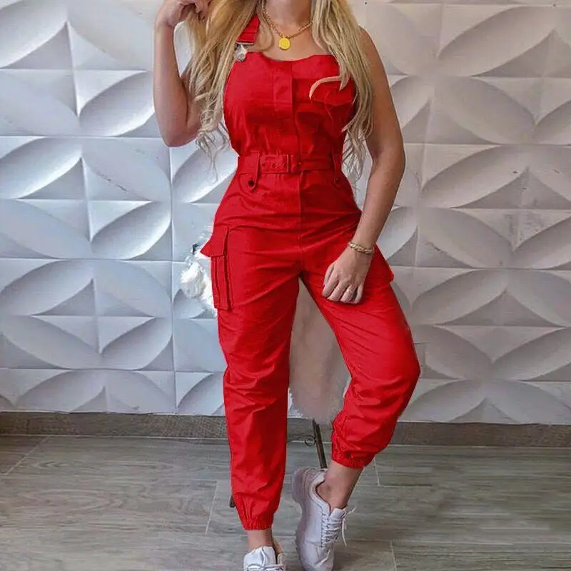 Top Trends: 2022Summer Lightweight Women's Workwear Jumpsuit Sleeveless Pocket Belt Bib Overalls Ladies Casual Simple Elegant Tunic Workwear Shoppable Styles