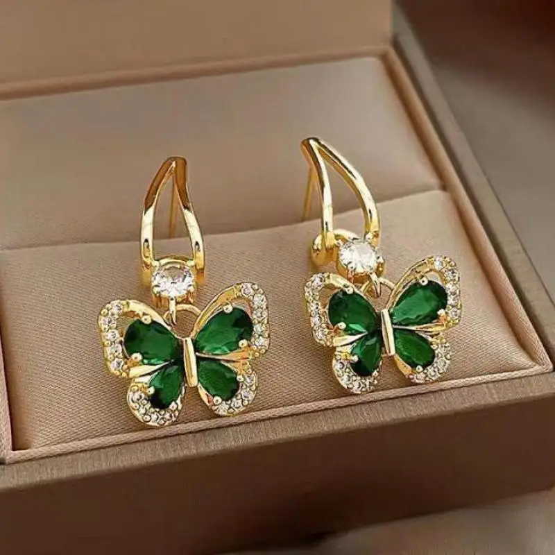 Top Trends: 925 Silver Needle Vintage Green Crystal Butterfly Drop Earrings For Women Jewelry 2023 Trending Luxury Zircon Women&#039;s Earrings Shoppable Styles