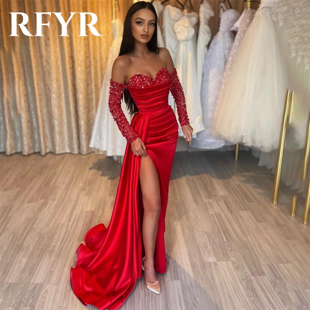 Top Trends: RFYR Red Satin Long Evening Dress Off The Shoulder Pleat Prom Dresses With High Slit Prom Gowns Sexy A Line Formal Party Dresses Shoppable Styles