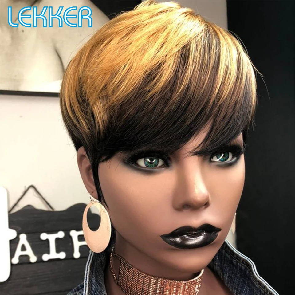 Top Trends: Lekker Wear To Go Highligh Gold Blonde Short Pixie Straight Bob Human Hair Wigs For Women Brazilian Remy Hair Colored Cheap Wig Shoppable Styles