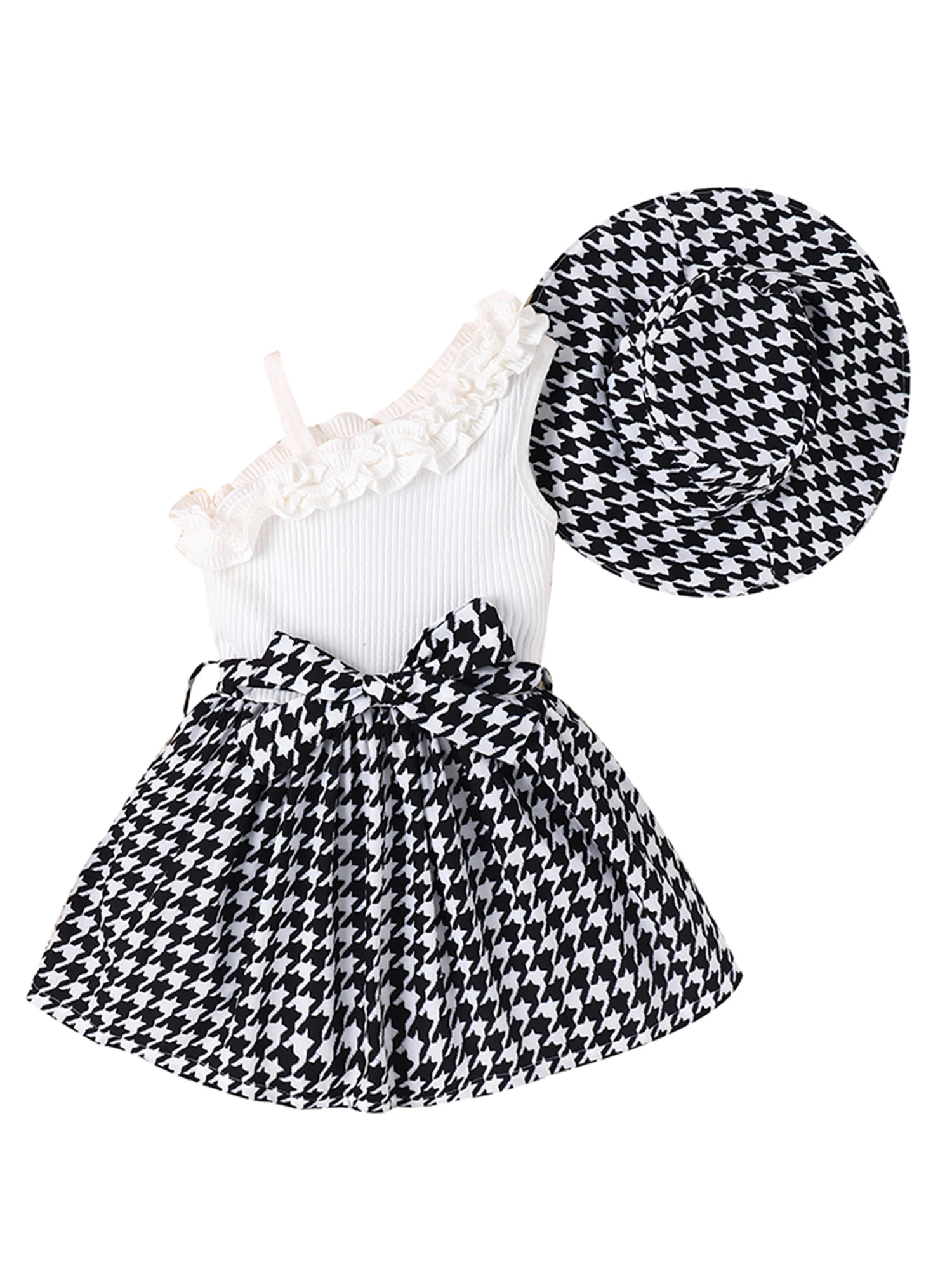 Top Trends: Toddler Kids Little Girl Summer Dresses One Shoulder Ruffle Houndstooth Ribbed Knit A Line Dress With Sun Hat Formal Outfit Shoppable Styles