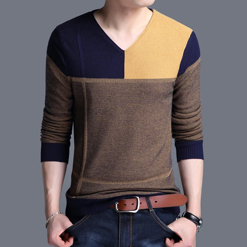 Top Trends: Autumn Winter New Men&#039;s V-Neck Sweater Color Block Screw Thread Casual Korean Simple Pullover Knitted Patchwork Long Sleeved Top Shoppable Styles