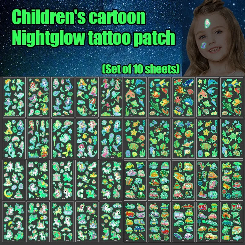 Top Trends: A Pack Of 10 Cartoon Night Glow Children&#039;s Tattoo Stickers, Dinosaur Mermaid Unicorn Forest Animal Tattoo Face Stickers Shoppable Styles