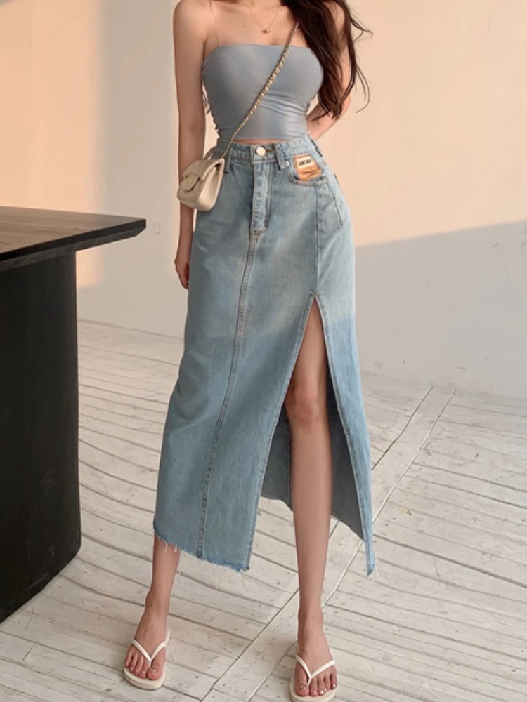 Top Trends: DEEPTOWN Long Denim Skirt Vintage Women Solid High Waist A-LINE Slim Korean Style Jean Slit Midi Skirt Summer Fashion Girl Shoppable Styles