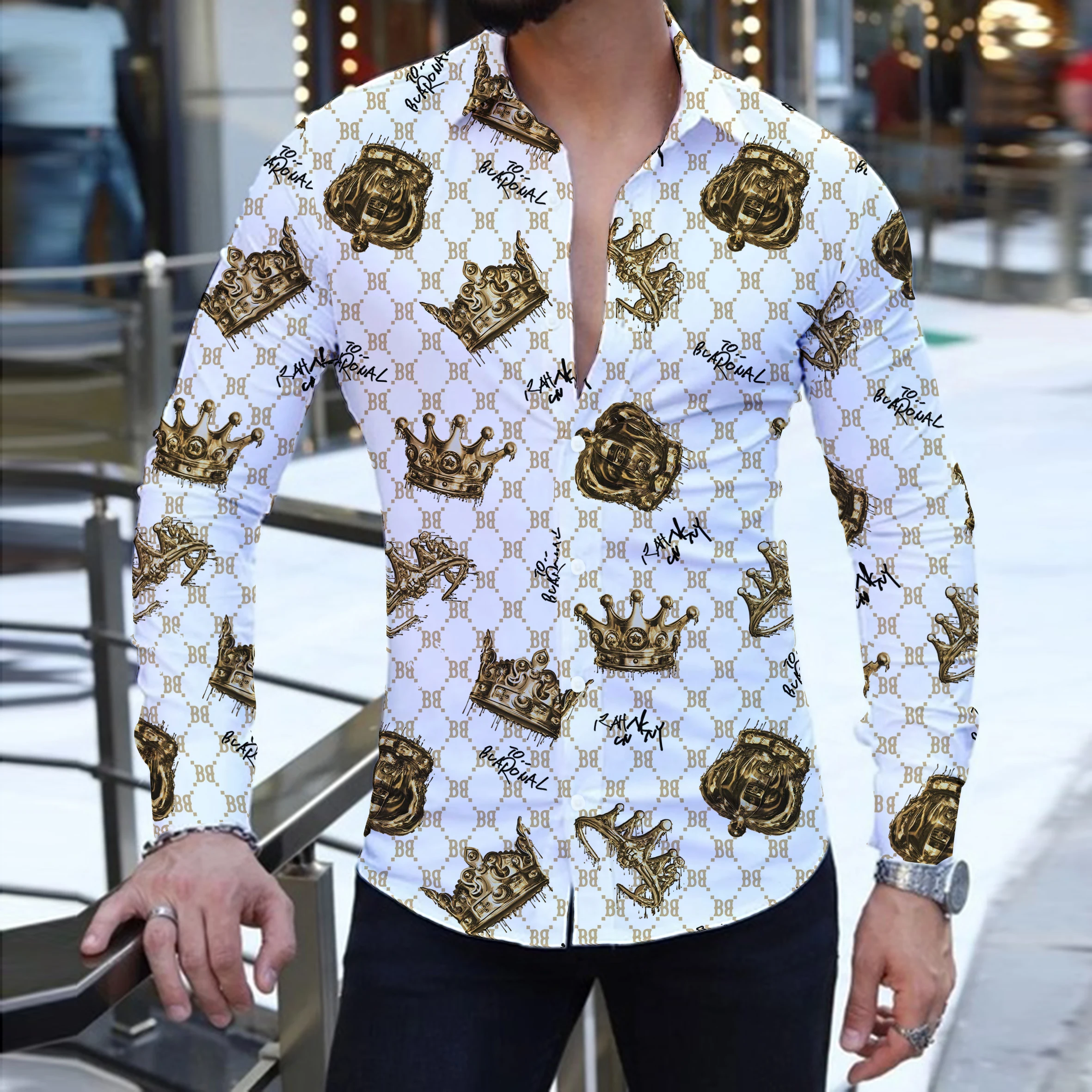 Top Trends: 2023 Summer Fashion New Men's Long-Sleeved Shirt Street Leisure Beach Party Crown 3D Printing Single Breasted Hawaiian Shirt Shoppable Styles