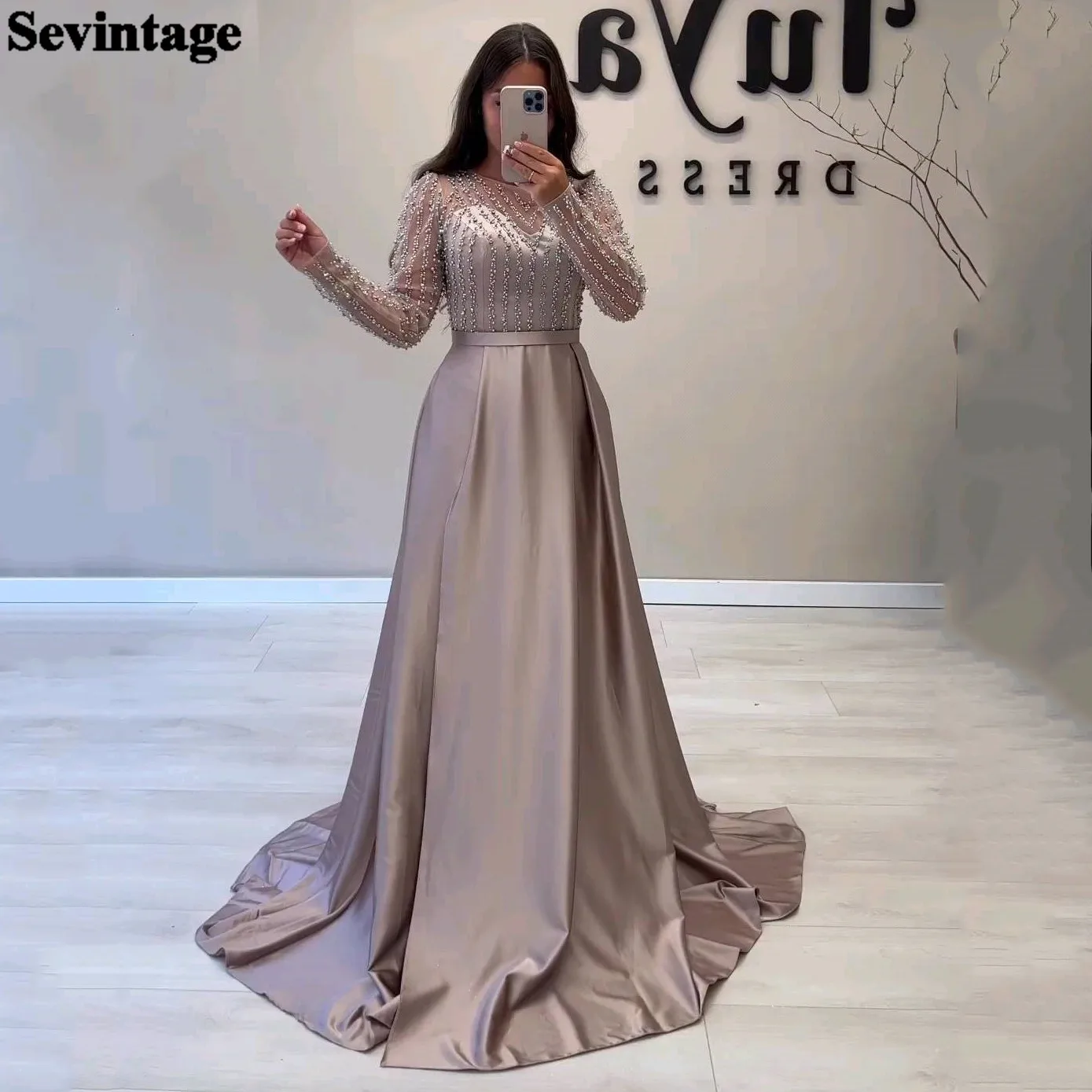 Top Trends: Sevintage Exquisite Beaded Evening Dresses Long Sleeves Satin Slit Side Formal Prom Dress Women Wedding Party Bridesmaid Gowns Shoppable Styles