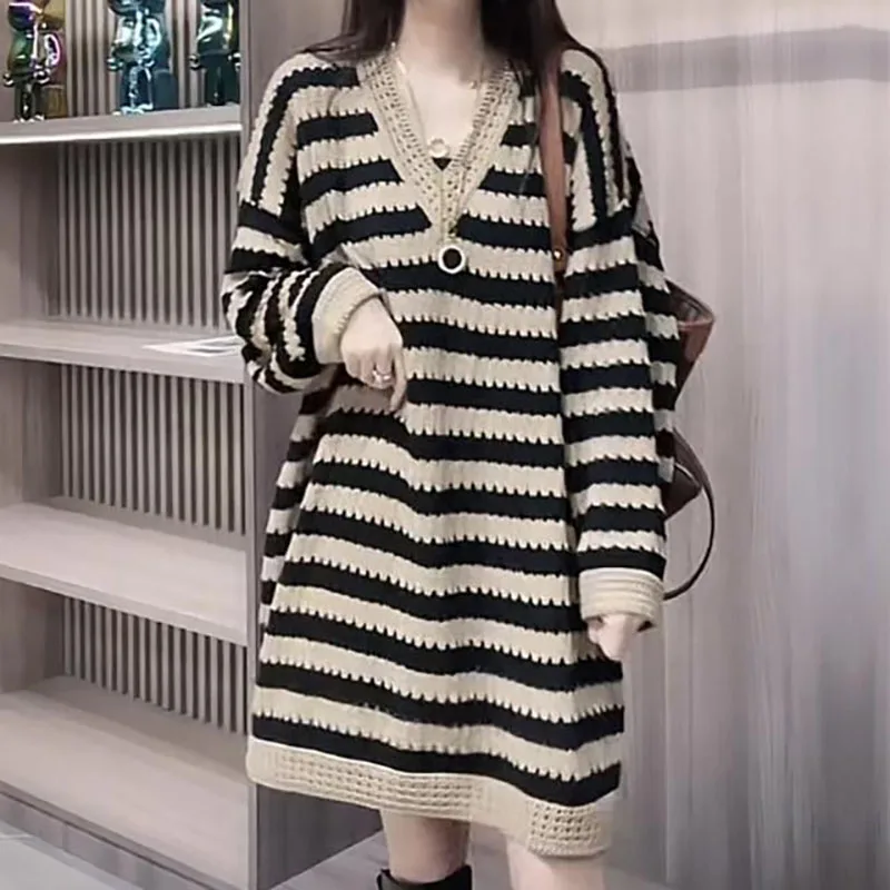 Top Trends: Fashion V-Neck Striped Hollow Out Loose Casual Dresses Women&#039;s Clothing 2023 Autumn Winter Oversized Knitted Commuter Mini Dress Shoppable Styles