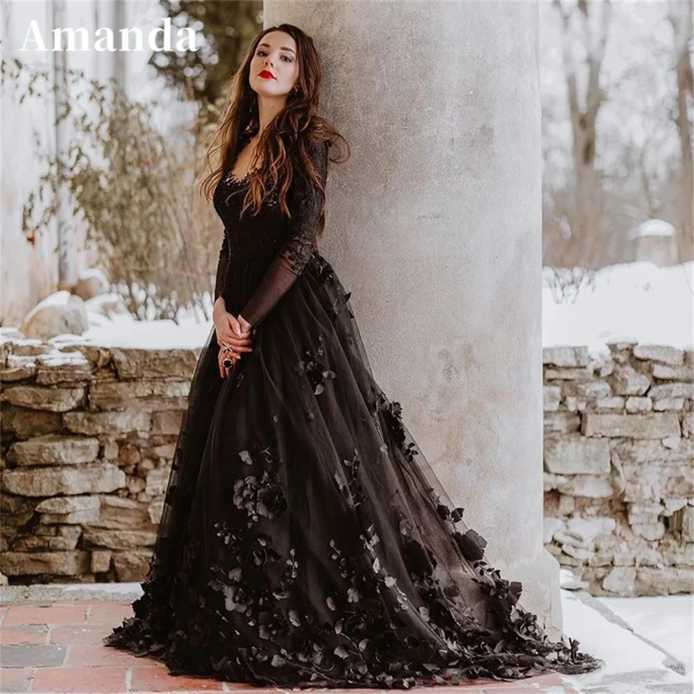 Top Trends: Amanda Luxury Lace Embroid Prom Dress Sexy Long Sleeve A-line فساتين السهرة Black 3D Flower Embroid Vestidos De Noche Shoppable Styles