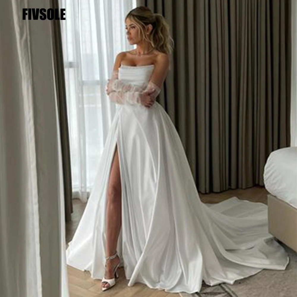 Top Trends: Fivsole 2022 A Line Long Beach Wedding Dresses Sleeveless Strapless Princess Bride Gowns Vestido De Noiva Bridal Dress With Tail Shoppable Styles