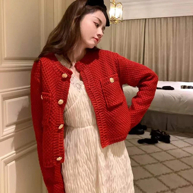 Top Trends: Limiguyue Knitted Cardigan French Vintage Gold Buttons Sweater Women Autumn Winter Luxury Short Straight Coat Knitwear Green Red Shoppable Styles - Image 5