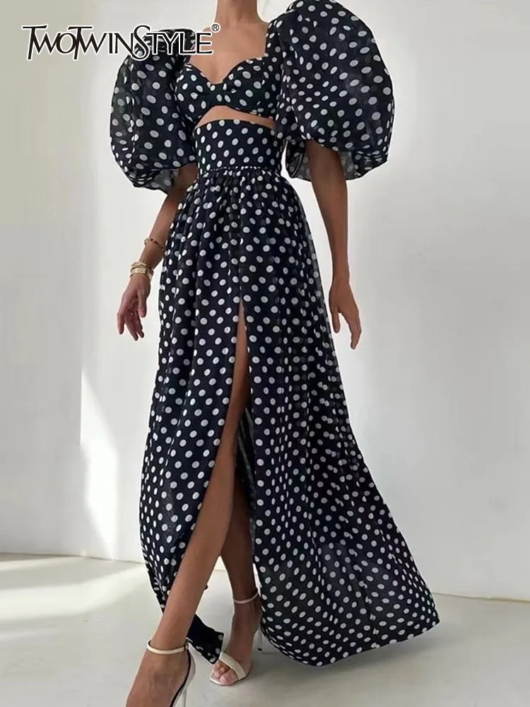 Top Trends: TWOTWINSTYLE Elegant Polka Dot Two Piece Sets Square Collar Puff Sleeve Tops High Waist Split Skirt Chic Set Female Fashion 2023 Shoppable Styles