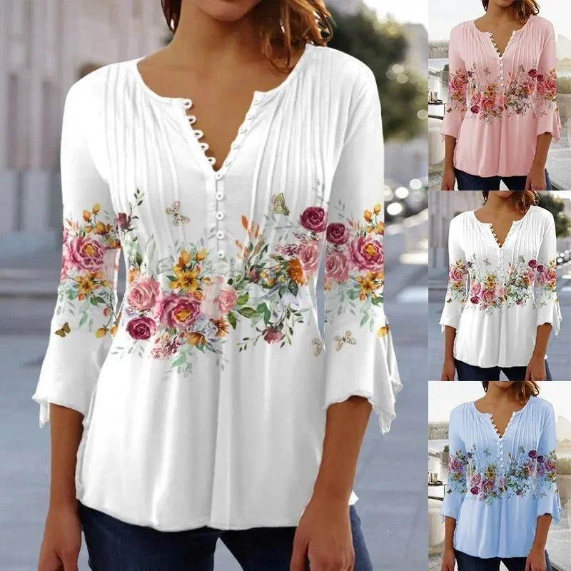 Top Trends: 2023 Autumn And Winter New Women Long Sleeve T-Shirt V-Neck Loose Blouse Flower Print Casual Shirt Female Comfortable Top S-5XL Shoppable Styles