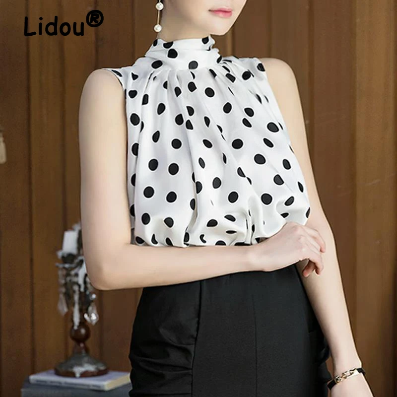 Top Trends: Summer Ruffled White Polka Dot Printed Elegant Sleeveless Tops Blouses For Women Korean Fashion Lace Up Office Lady Loose Shirts Shoppable Styles - Image 2