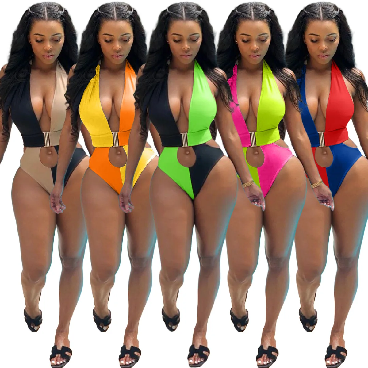 Top Trends: 2023 New European And American Women's Sexy Backless Splicing Solid One-piece Swimsuit Y-5128 Shoppable Styles