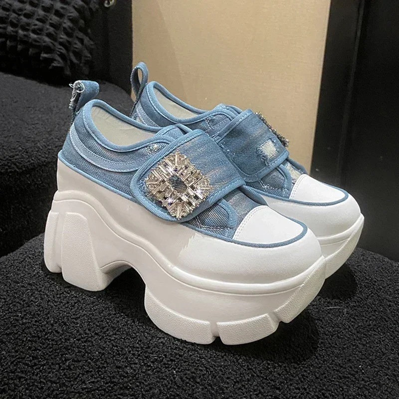 Top Trends: Denim Platform Women's Canvas Shoes 7cm Platform Women Casual Sneakers Luxury Rhinestone Square Buckle Ladies Vulcanized Shoes Shoppable Styles