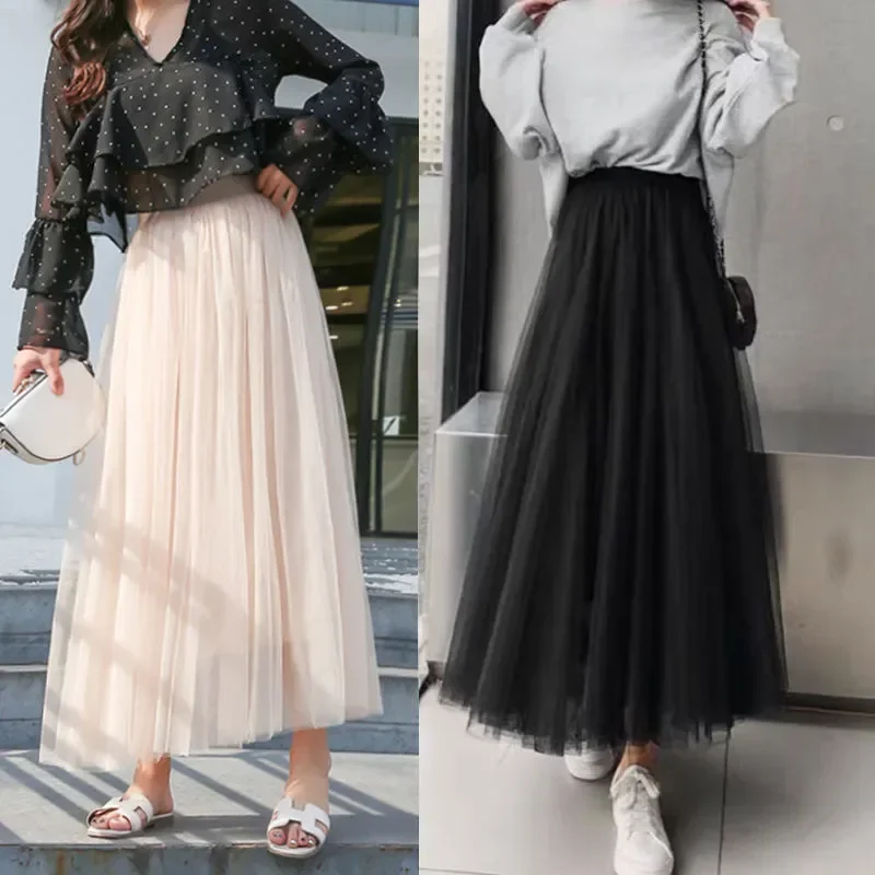 Top Trends: 3 Layers Midi Summer Tulle Skirt Women 2023 Ladies Casual White Black High Waist Pleated Sun School Long Skirt Female Shoppable Styles