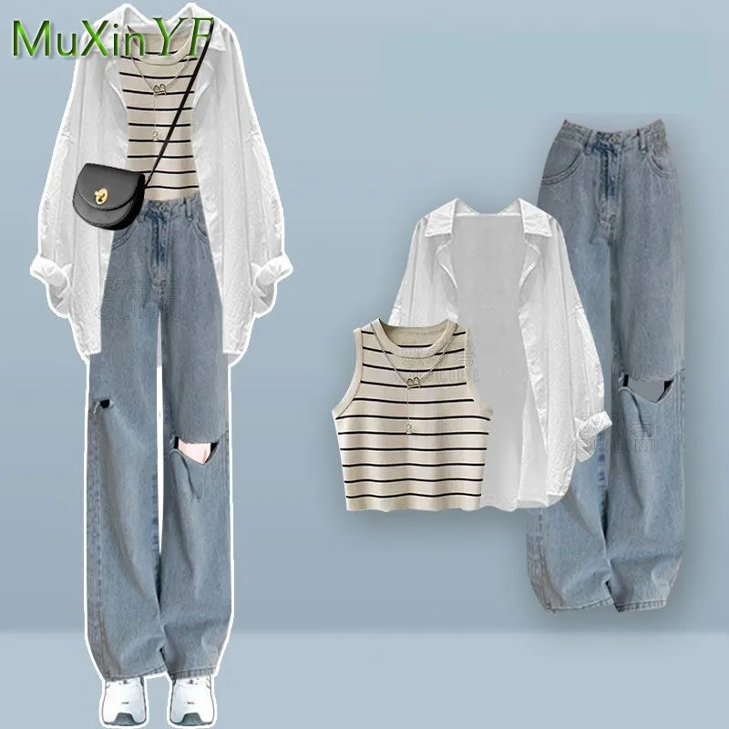 Top Trends: Women's Summer Suit 2023 New Casual Shirt Striped Vest Jeans Three Piece Korean Elegant Blouse Denim Trousers Matching Set Shoppable Styles