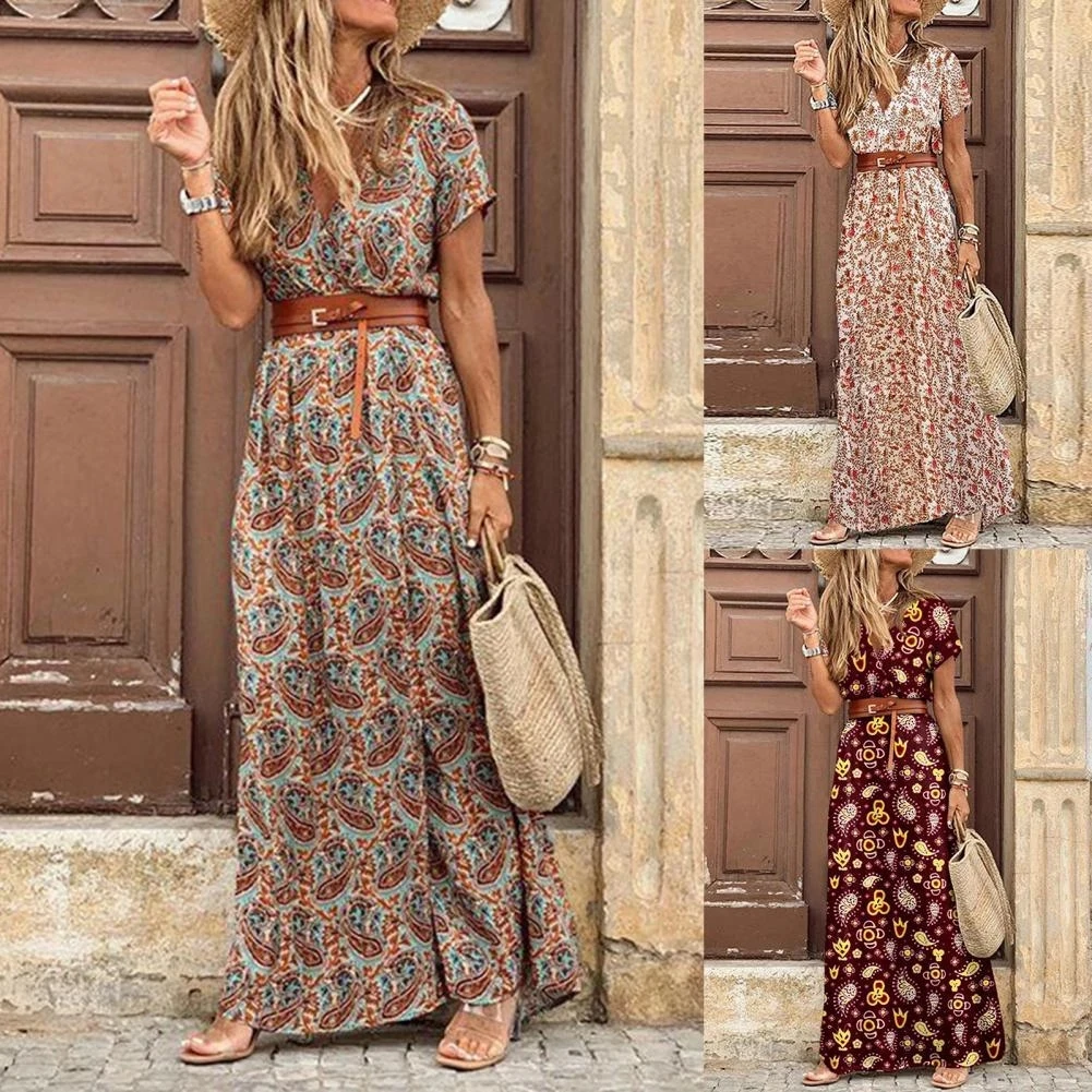 Top Trends: Women Summer Long Dress Boho Printed V-neck Short Sleeve Belted Maxi Dress Female Elegant Holiday Beach Dress Sundress Vestidos Shoppable Styles