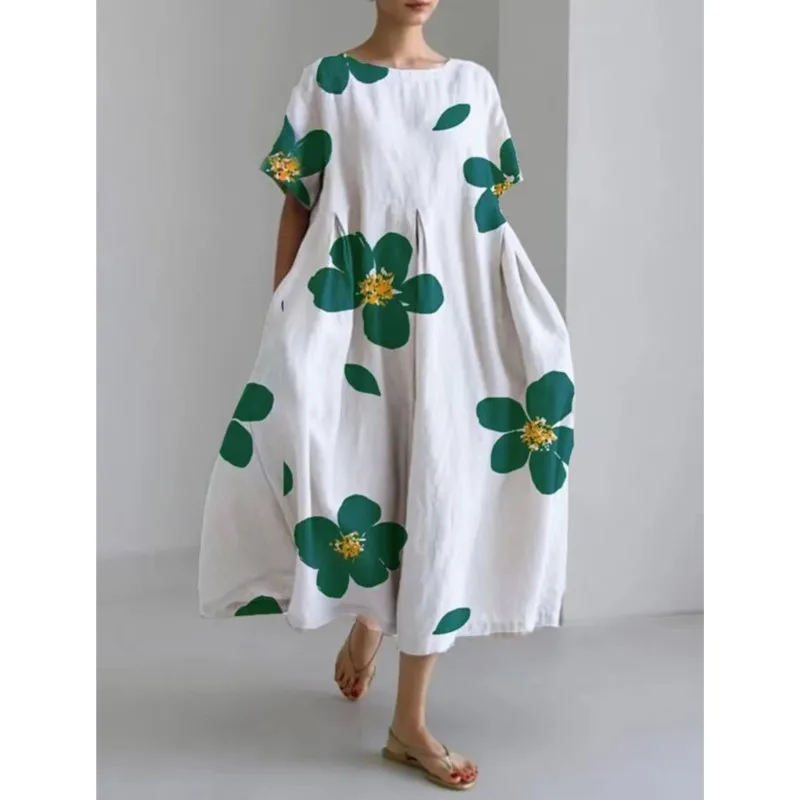 Top Trends: Fashion Lady Short Sleeve Big Swing Loose Maxi Dress Retro Women Flower Printing Pocket Dress O Neck Party Dress Elegant Robe Shoppable Styles