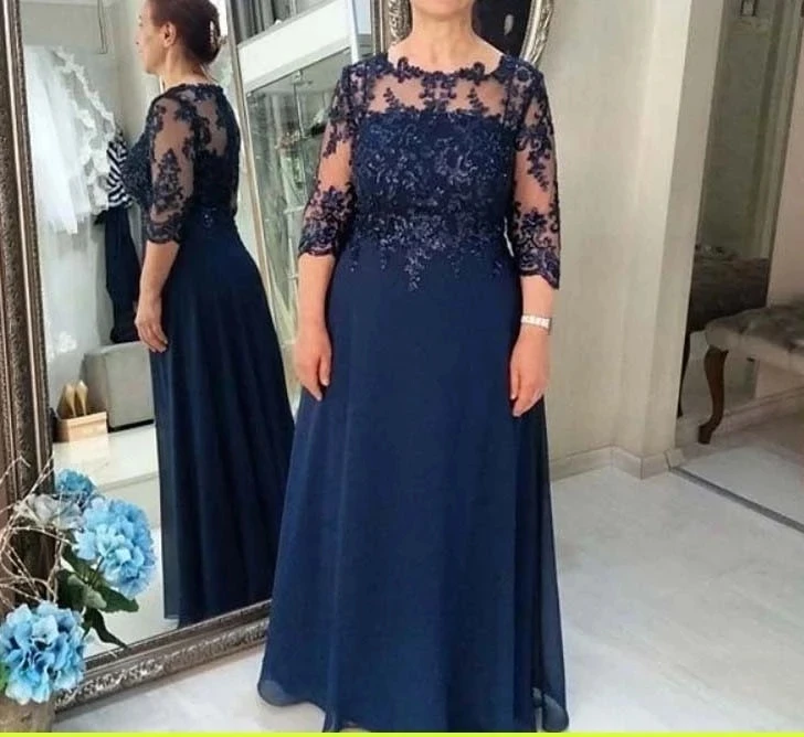 Top Trends: Navy-Blue Mother Of The Bride Dresses A-line 3 / 4 Sleeves Chiffon Appliques Beaded Groom Evening Gown For Wedding Shoppable Styles