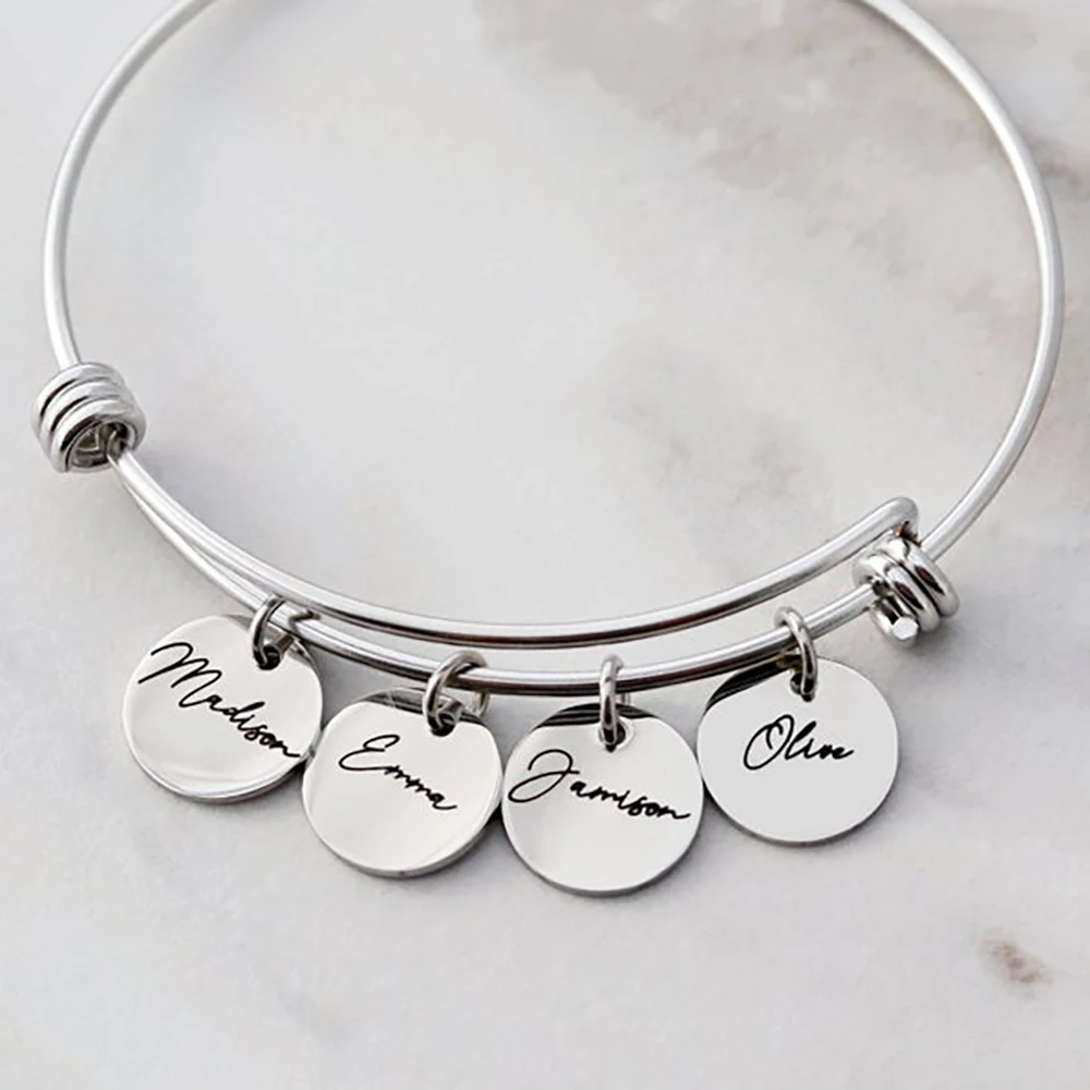 Top Trends: Personalized Adjustable Bangle Custom Engraved 1-5 Names Round Hearts Charms Pendant Stainless Steel Bracelets For Women Jewelry Shoppable Styles