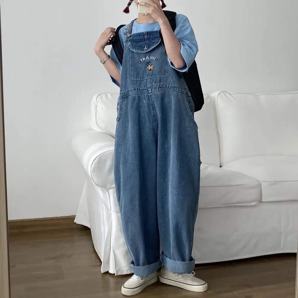 Top Trends: Japanese Loose Cute Jumpsuits Women New Cartoon Embroidery Oversized Denim Overalls Female Cuffed Wide Leg Trousers Shoppable Styles