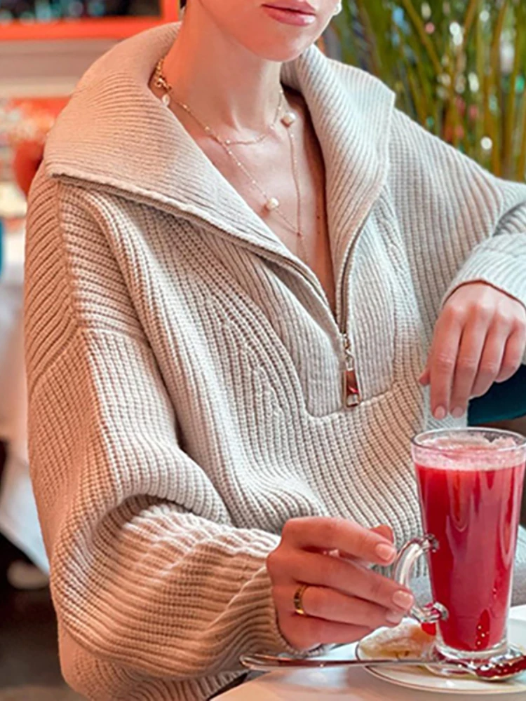 Top Trends: Solid Oversized Sweater Loose Casual Zippers Knitted Sweater Women Autumn / Winter Turn-down Collar Fashion Tops 2023 Women Shoppable Styles