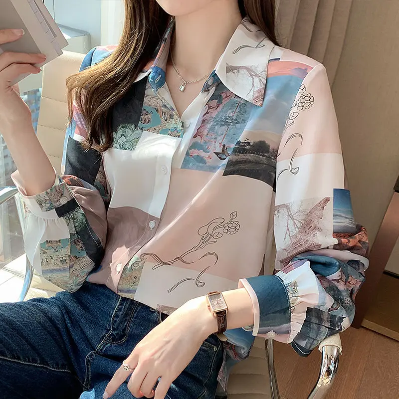 Top Trends: Vintage Fashion Printing Long Sleeve Shirt Women&#039;s Clothing 2022 Spring Korean Turn-down Collar Single-breasted Casual Blouses Shoppable Styles