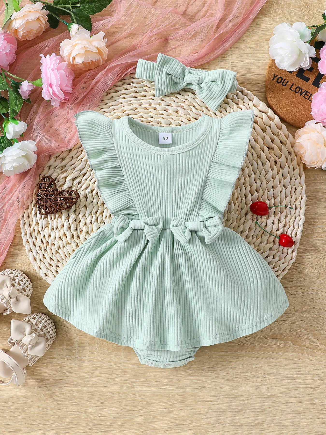 Top Trends: Listenwind Baby Girl Summer 2Pcs Outfit Solid Ribbed Ruffled Sleeveless Bow Romper Dress With Headband For 0-18 Months Shoppable Styles